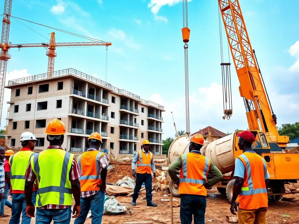 A construction site in Ghana, with BuilderRex workers building a residential home. The image highlights the use of modern construction techniques and equipment.