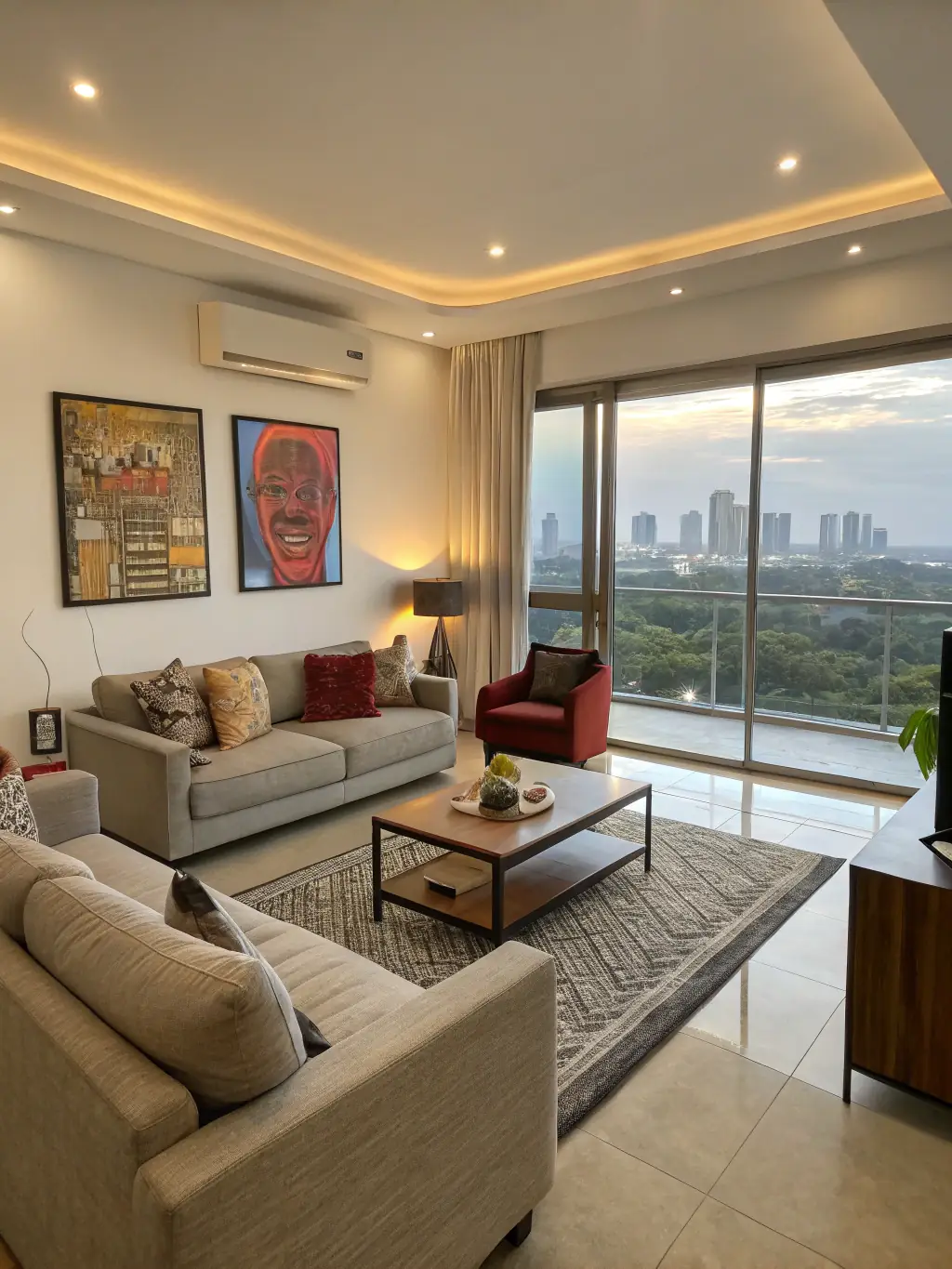 A luxurious four-bedroom apartment interior in a high-rise building in Ghana, showcasing high-end finishes, a state-of-the-art kitchen, a large living room with panoramic views, and elegant decor.