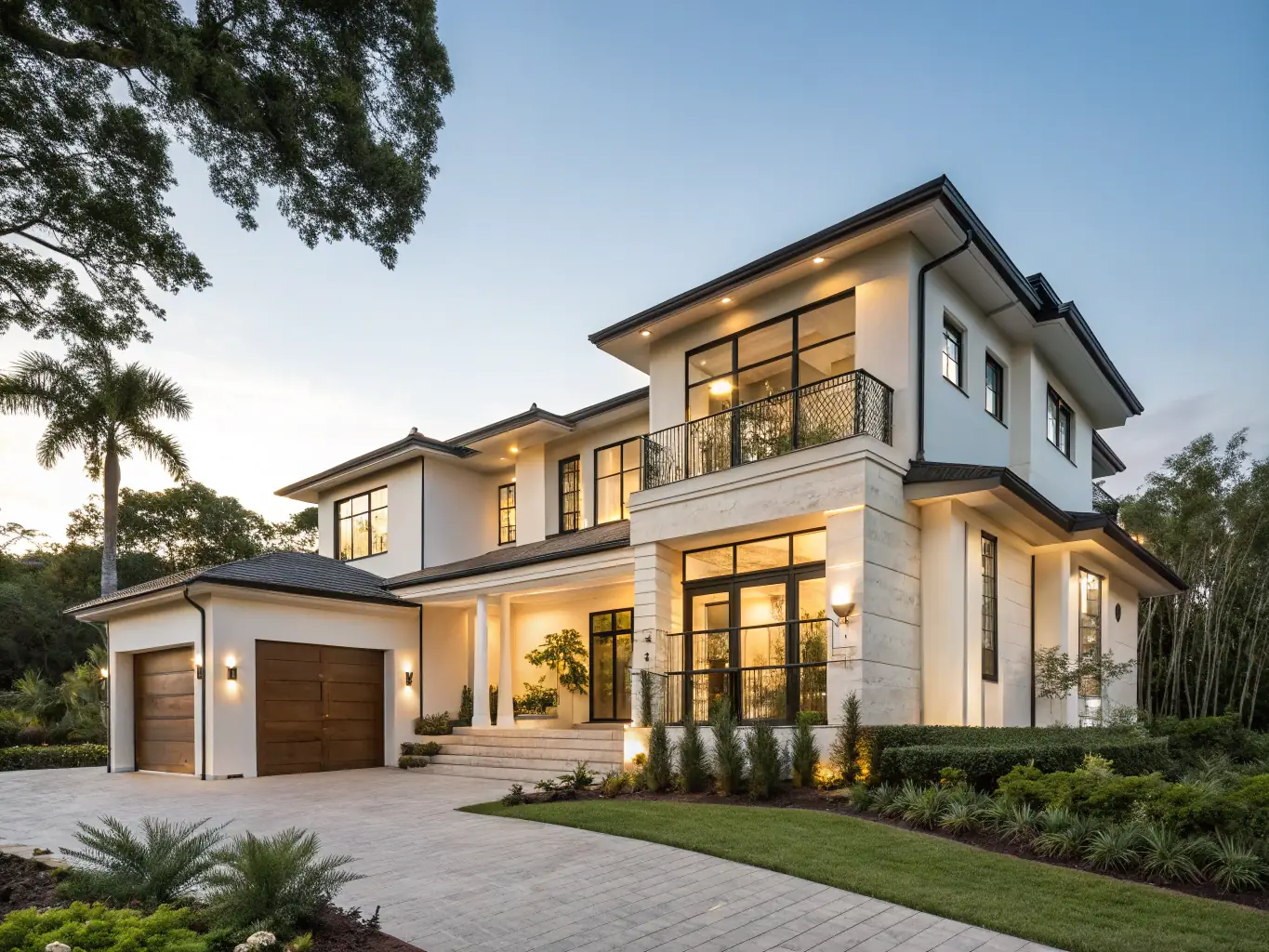 A modern house design with clean lines and a flat roof, showcasing BuilderRex's architectural design capabilities. The house is set against a backdrop of a lush, green Ghanaian landscape.
